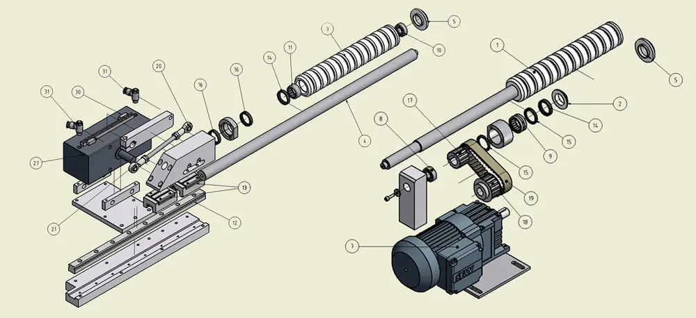3D-Explosionsdarstellung einer Baugruppe mit Motor, Spindel und Lagern